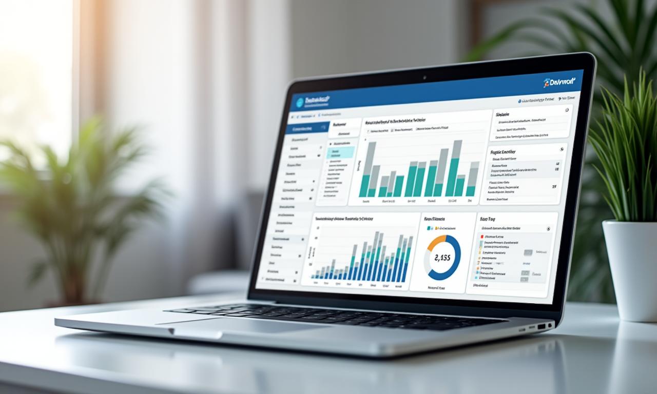 Dashboard do software da Gestão Global Imobiliária exibido num computador portátil